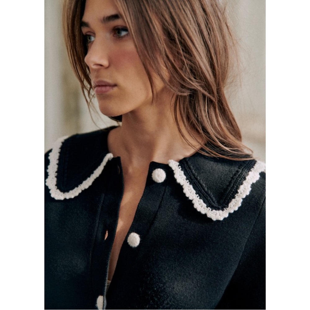 SEZANE BLOGGER Black White Fine Knit Bettany Cardigan Crochet Collared Sweater - Picture 3 of 16